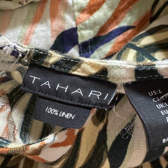 Tahari 100% Linen Tropical Mini Dress Vacation Tunic Palm Frond Print Travel - Picture 2 of 5